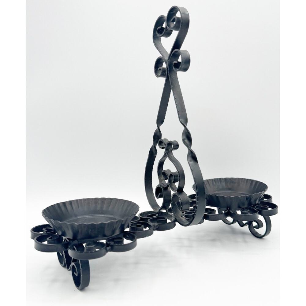 Vtg Spanish Revival Black Wrought Iron Double Candle Holder Scroll Hearts Spain